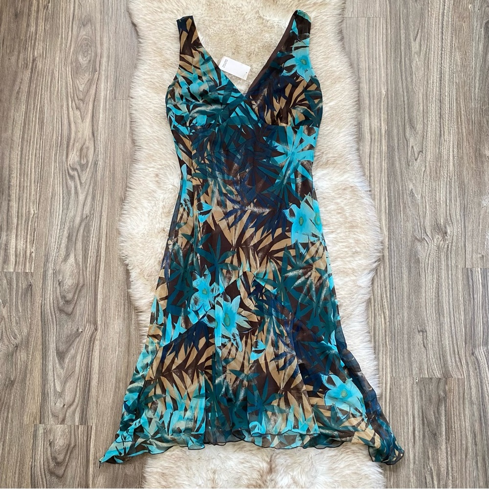 Y2K Blue & Brown Tropical Palm Print Beachy Dress New York & Company